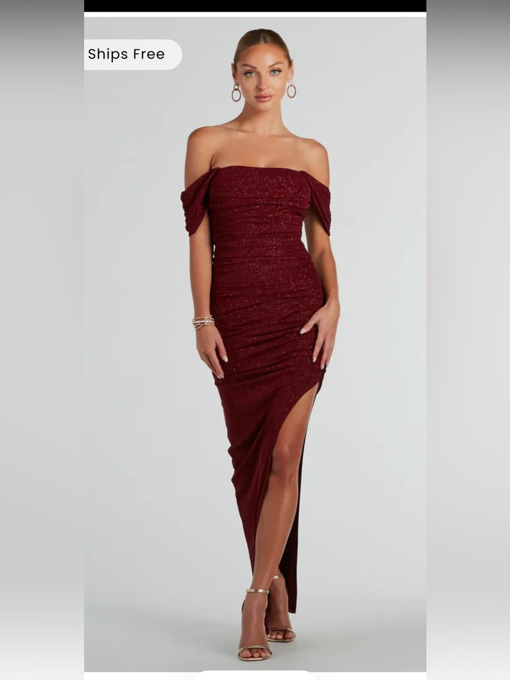 Windsor Burgundy Sparkle Ruched Evening Midi Dress